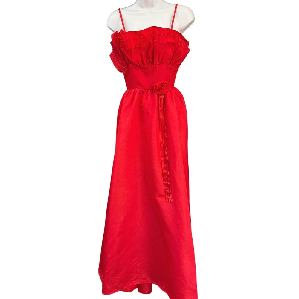 Vtg ILGWU Red Ruffle Maxi Dress Regencycore Old Hollywood Romantic Balletcore